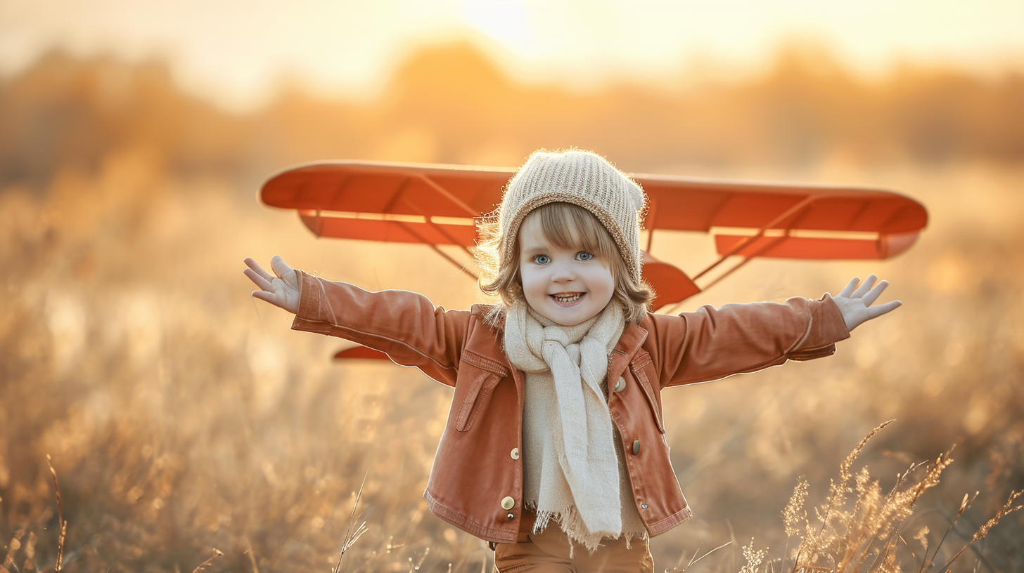 happy child playing outdoors homemade plane costume