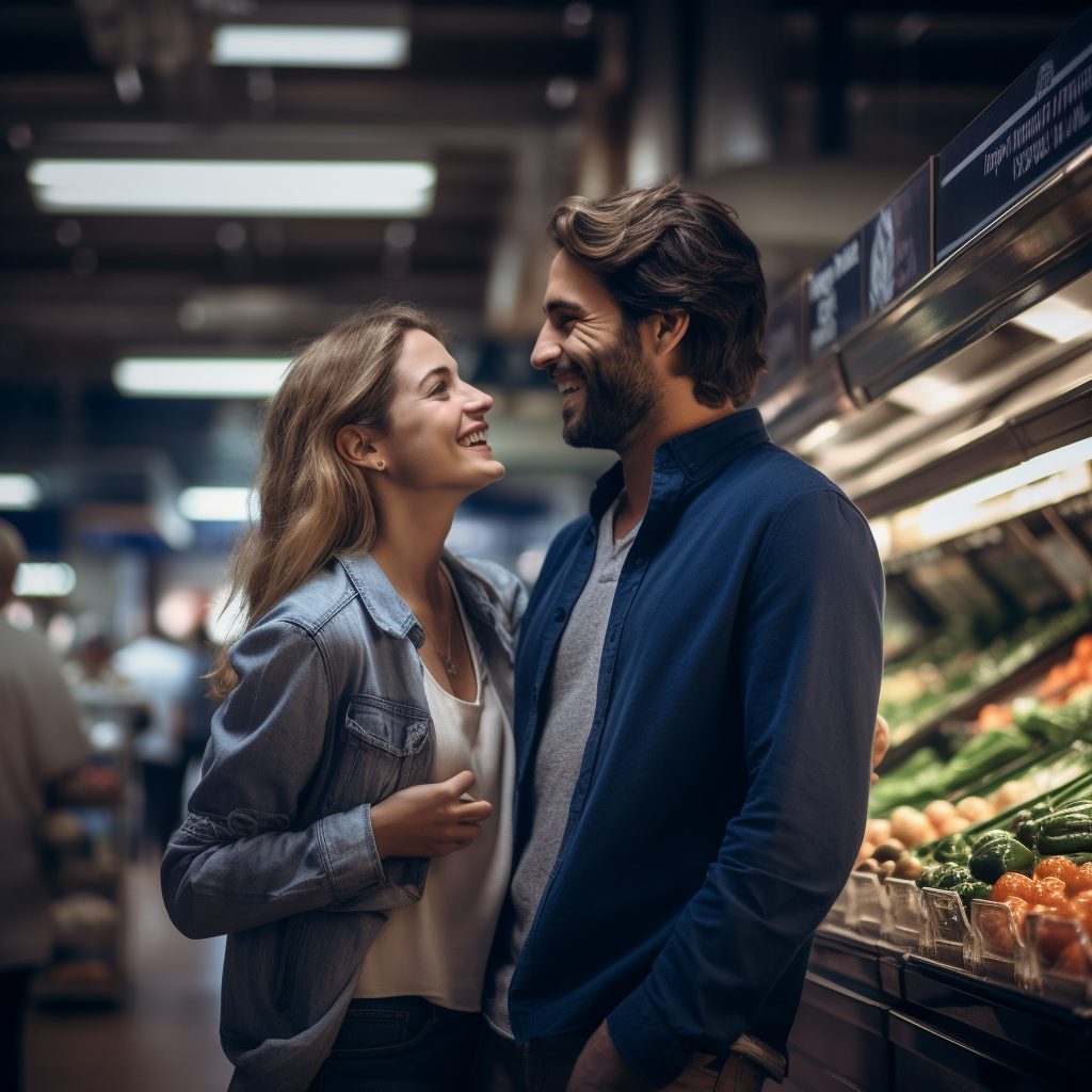 Man and woman having a happy conversation in grocery store