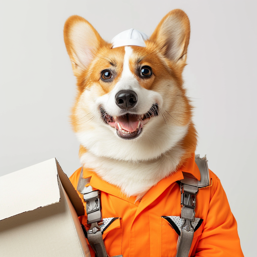 Corgi dog in orange biker uniform