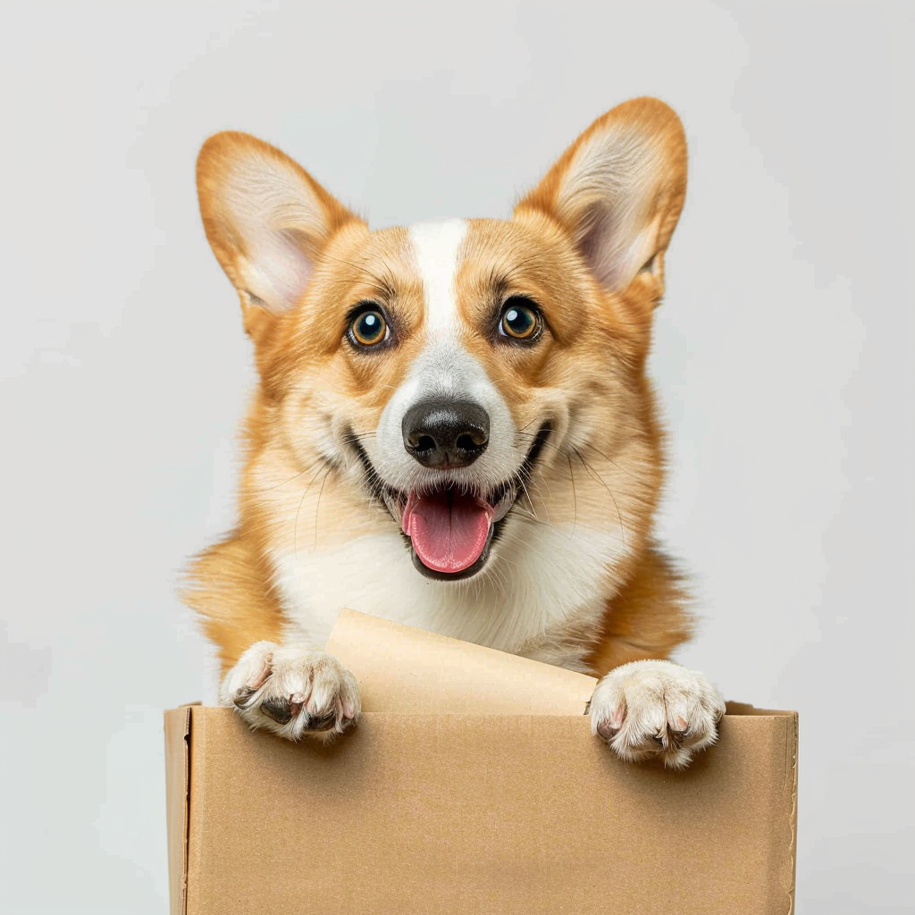 Happy corgi deliveryman with parcel