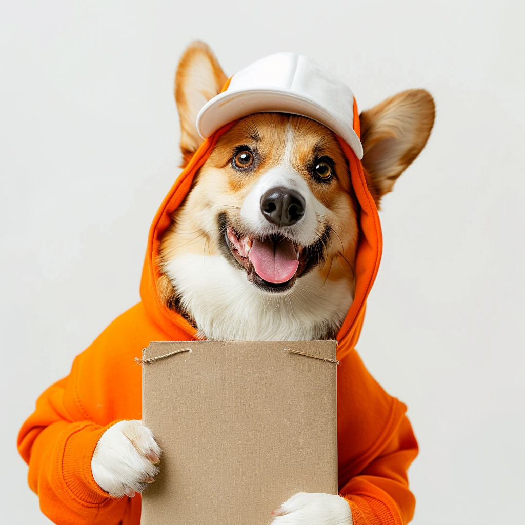 Corgi deliveryman holding empty paper box