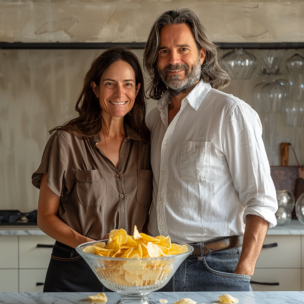 Man and woman eating snacks