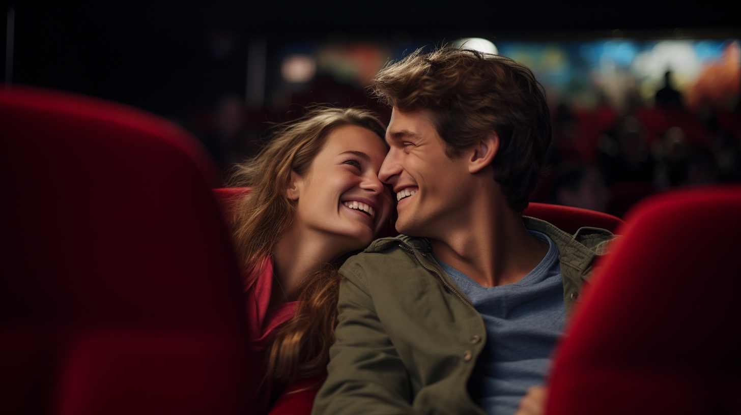 Smiling couple enjoying movie at theatre