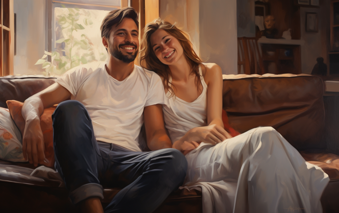 Young couple sitting happily on a sofa