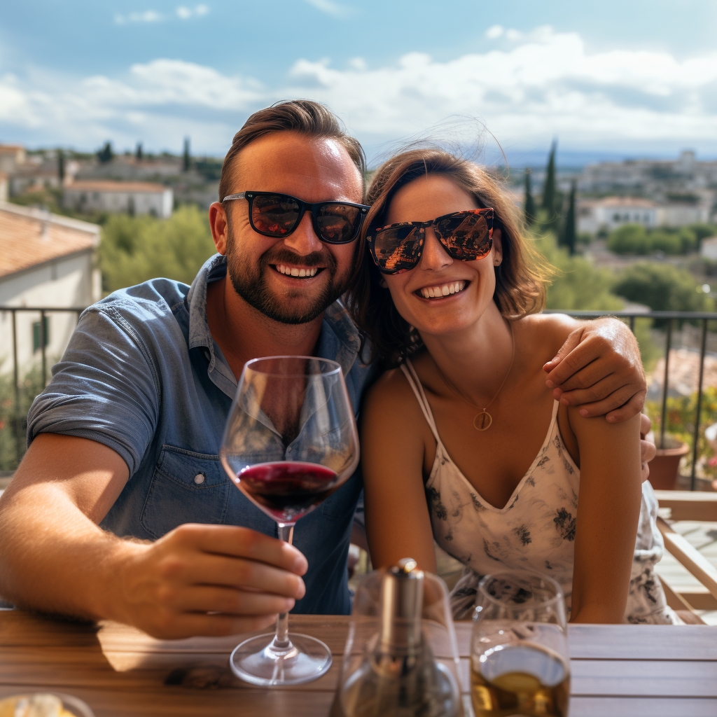 Happy couple enjoying wine on open terrace in Provence