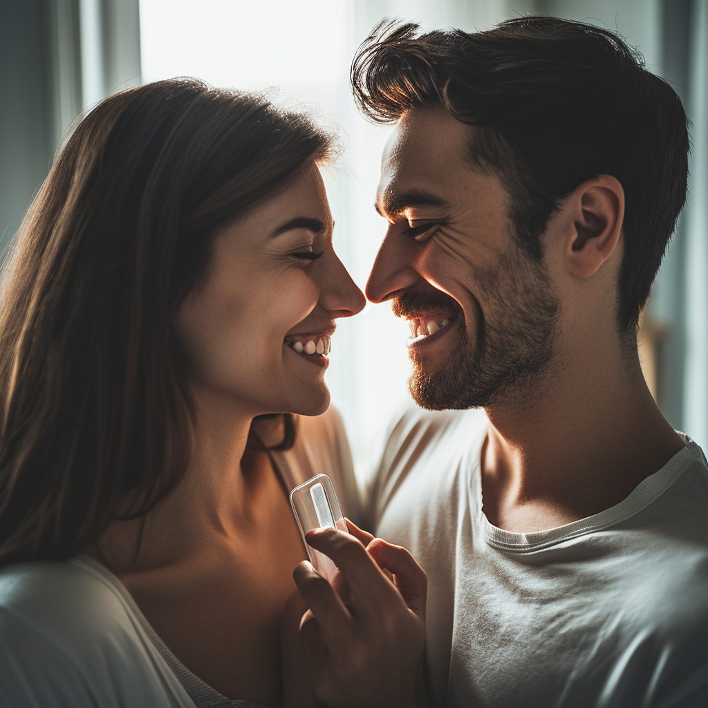 Happy couple with positive pregnancy test in morning sunlight.