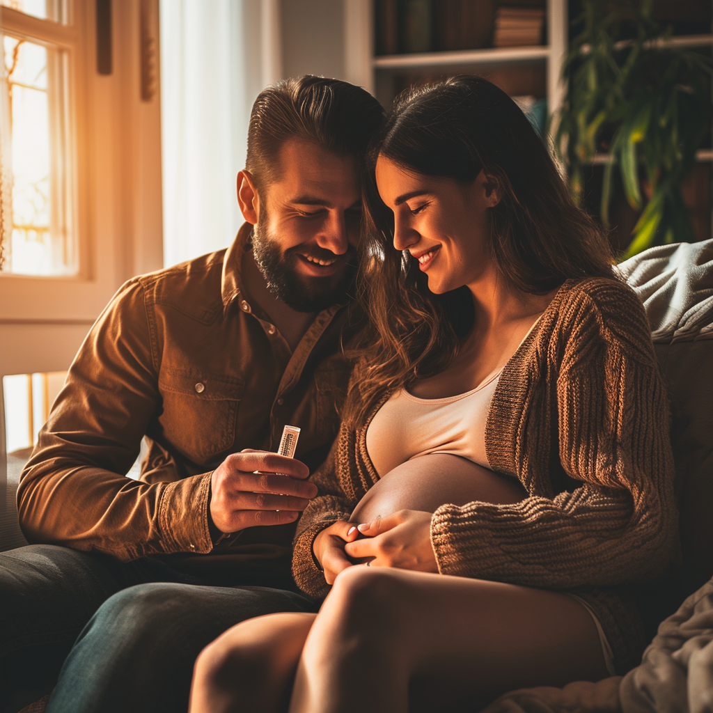 Happy couple with positive pregnancy test