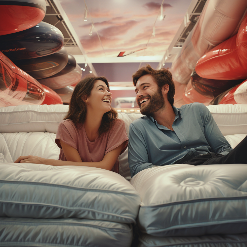 Happy couple enjoying comfort on mattress