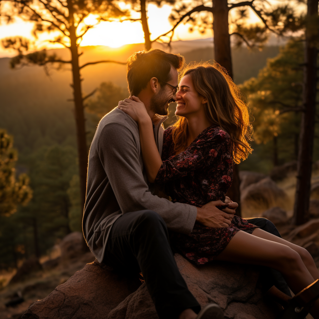 Smiling couple hugging in serene forest at sunset