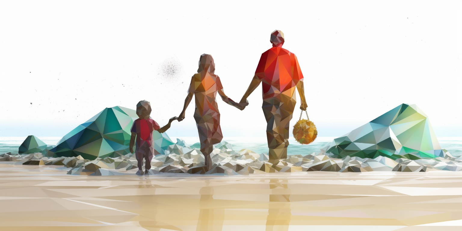 Happy family walking on beach holding hands