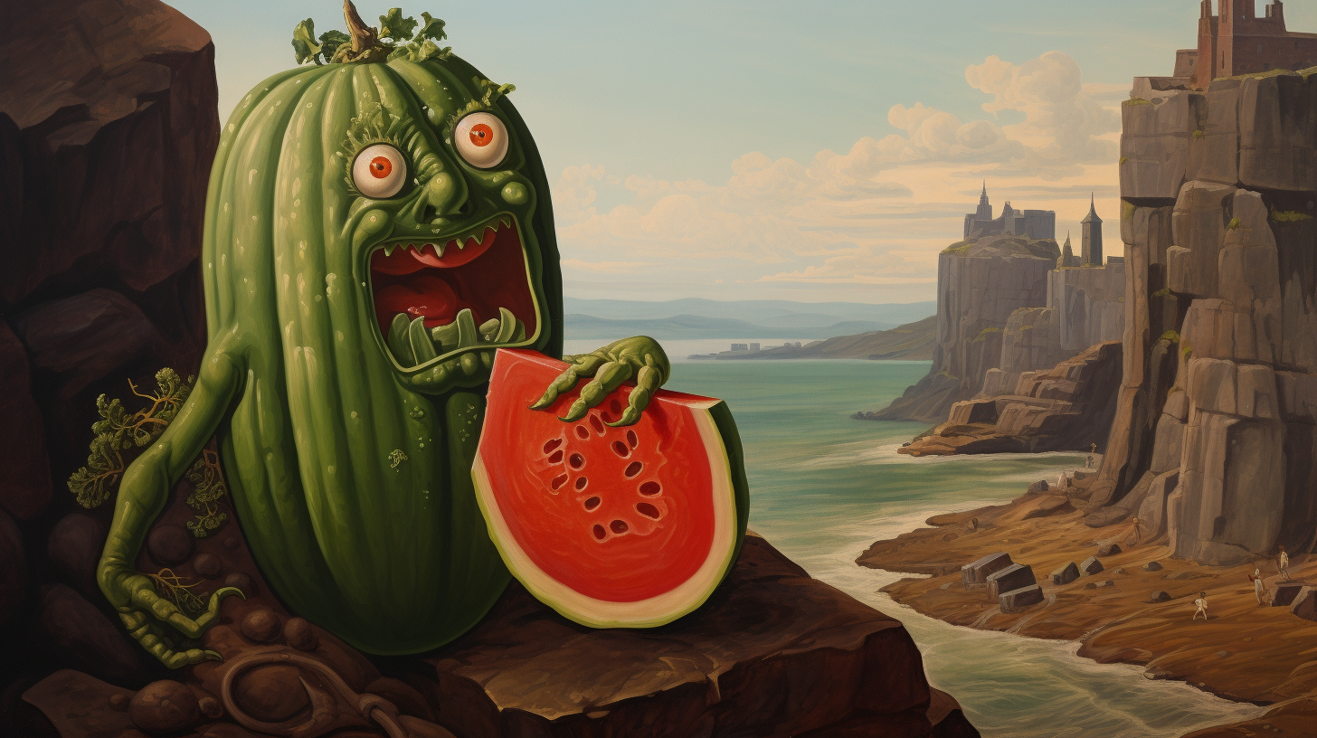 Happy cucumber enjoying a sad tomato on a beach with a cityscape