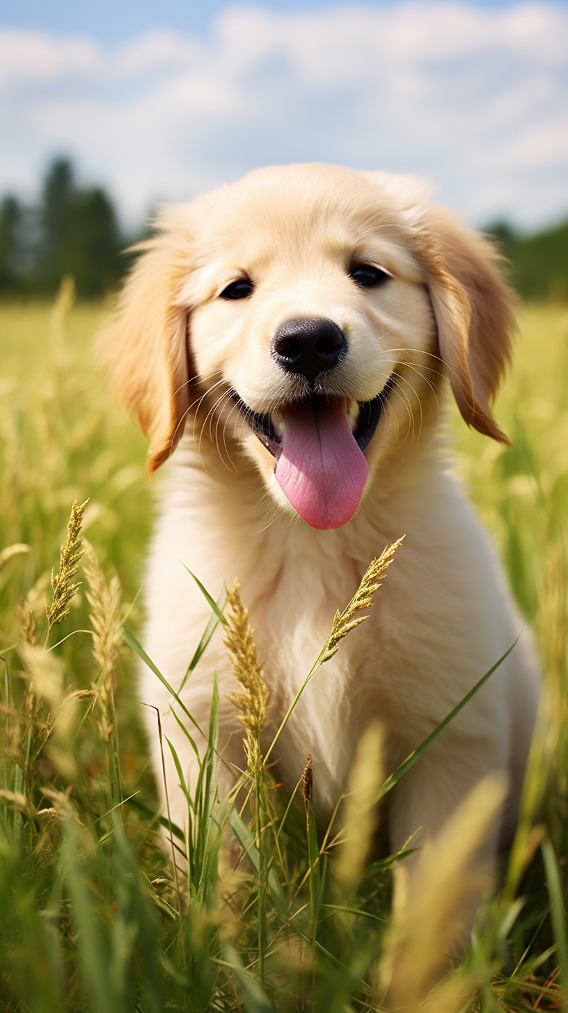 Adorable golden retriever puppy playing on green grass