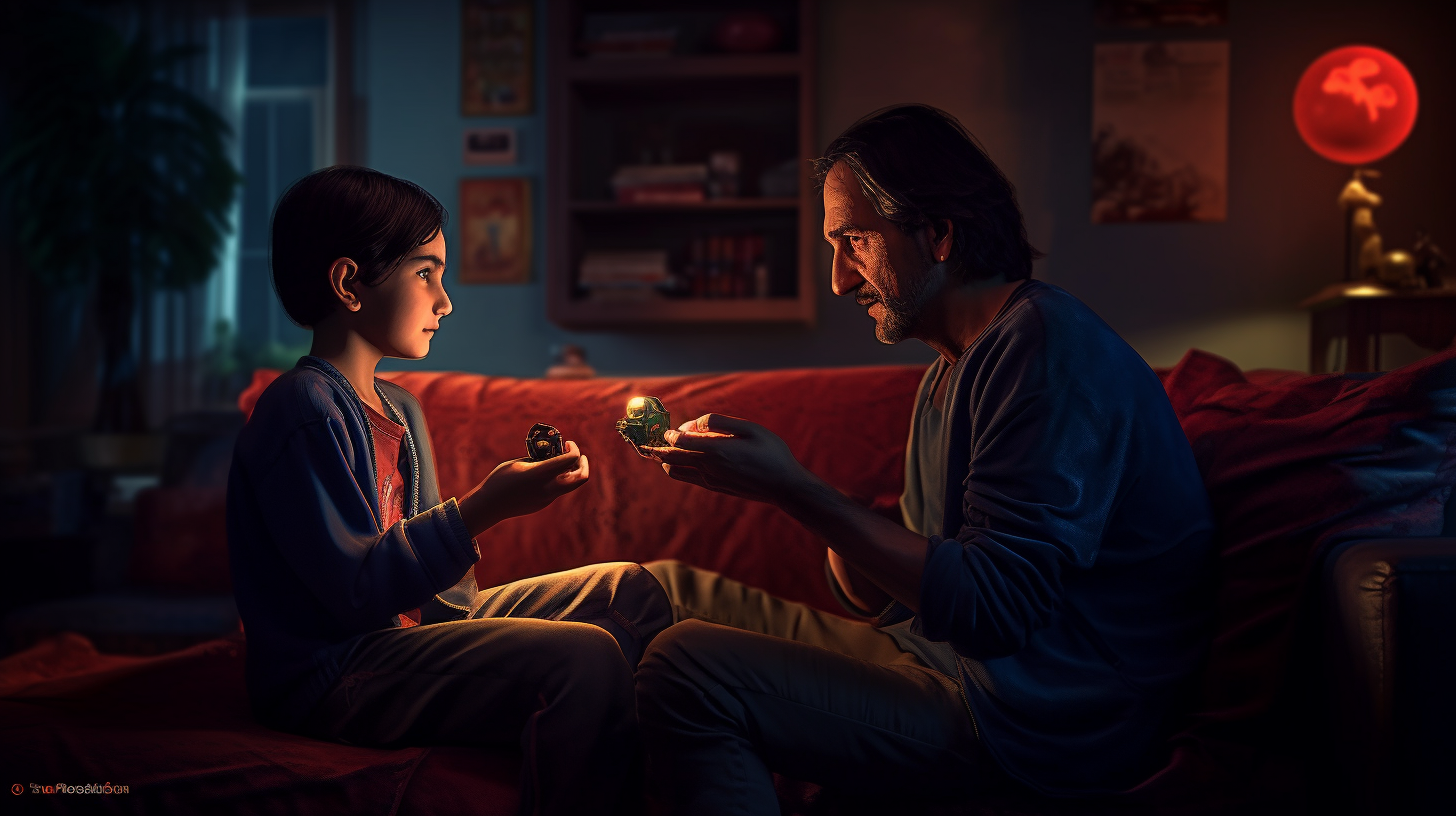 Happy dad and child playing videogames