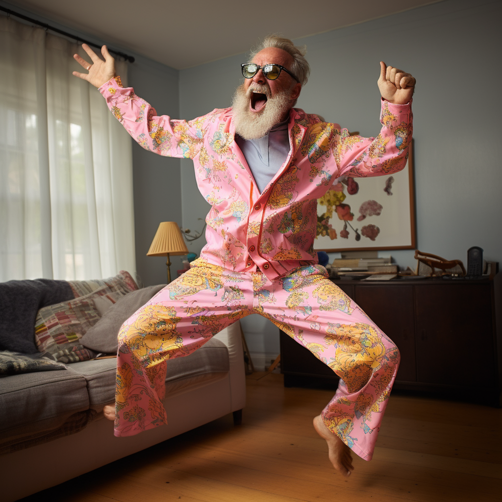 Man happily dancing in pajamas