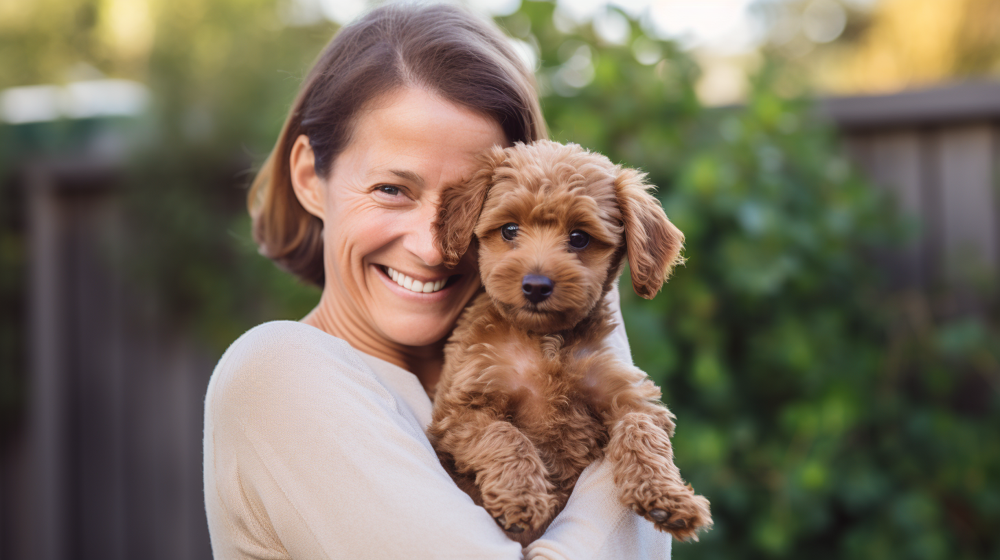 Smiling Danish woman with cute poodle puppy