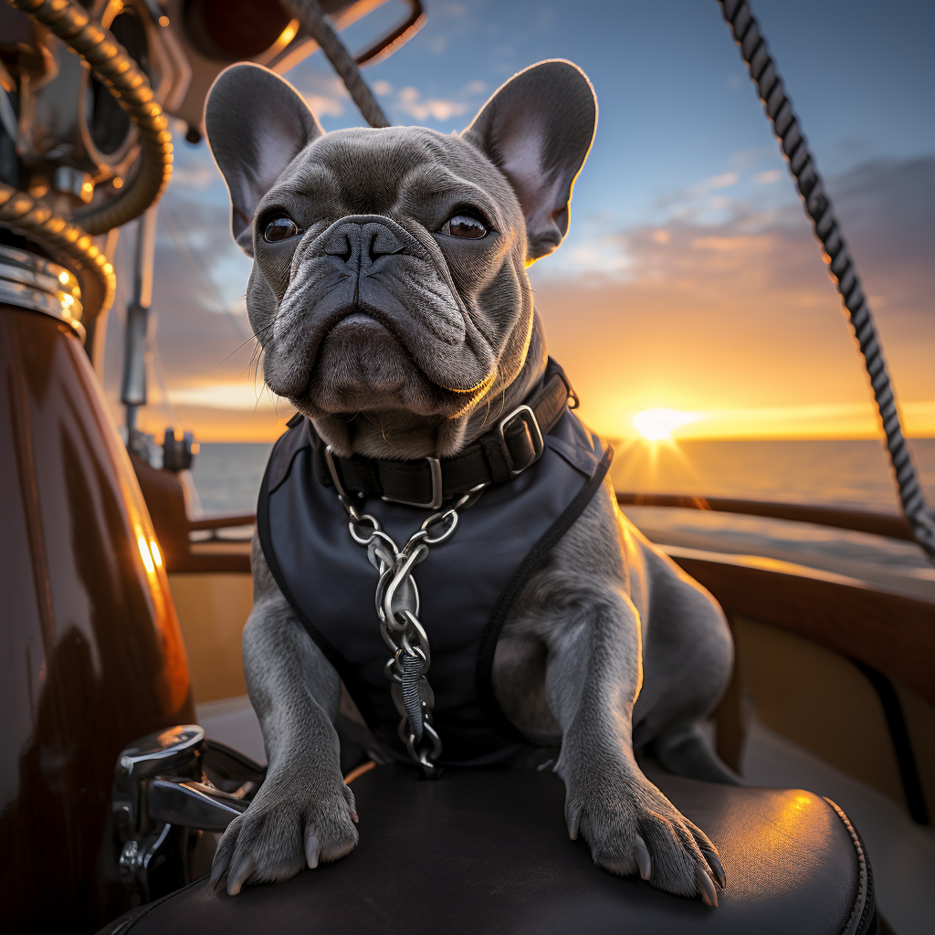 Happy grey French Bulldog on a yacht