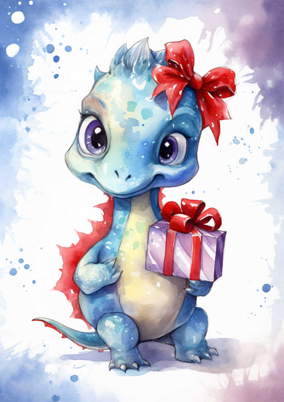 Baby dinosaur with Christmas gift