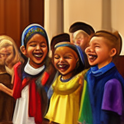 Happy diverse children celebrating at Protestant church