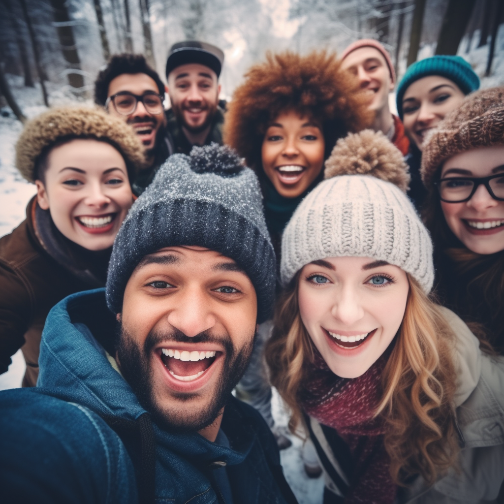 Group of diverse people enjoying a winter selfie