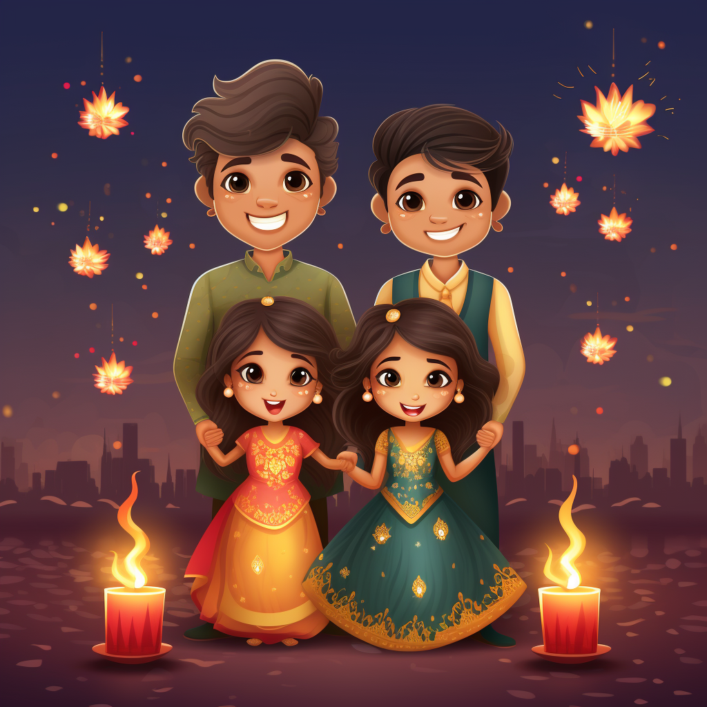 Happy Diwali greeting with diyas, lanterns, and fireworks