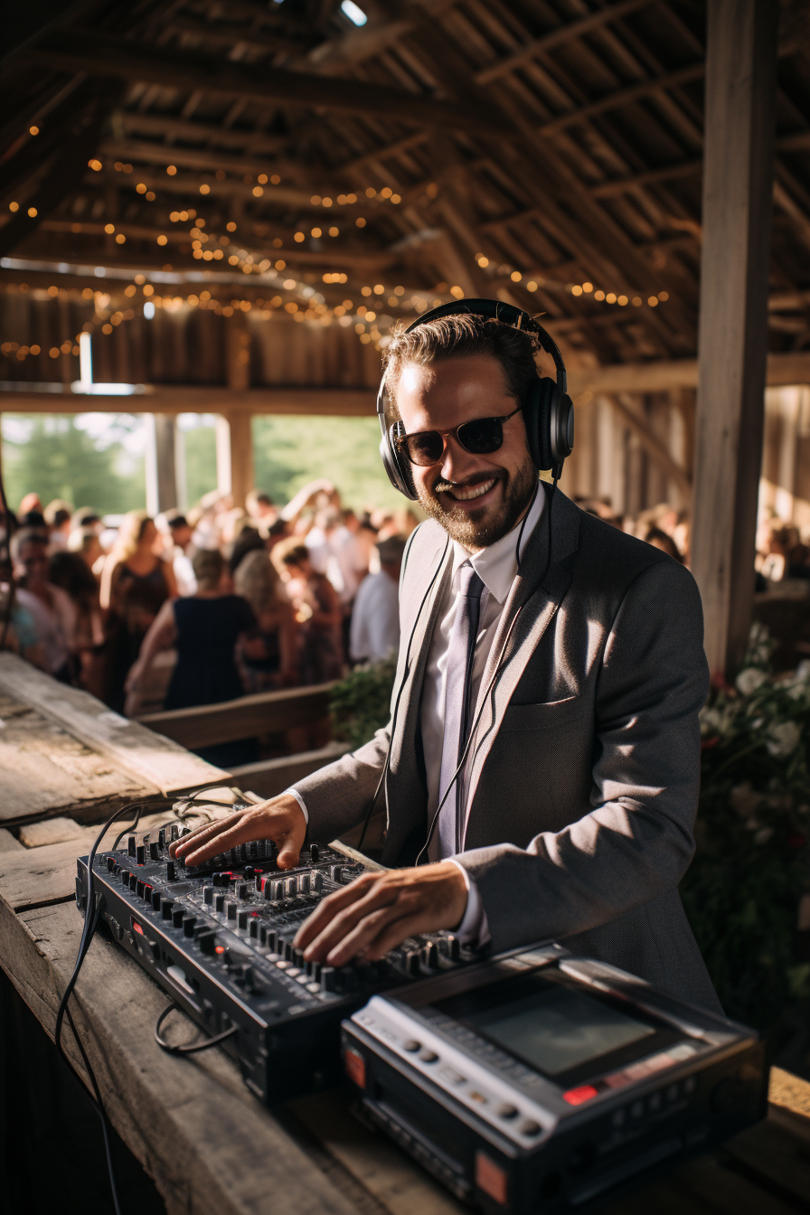 Happy DJ playing at a colorful wedding