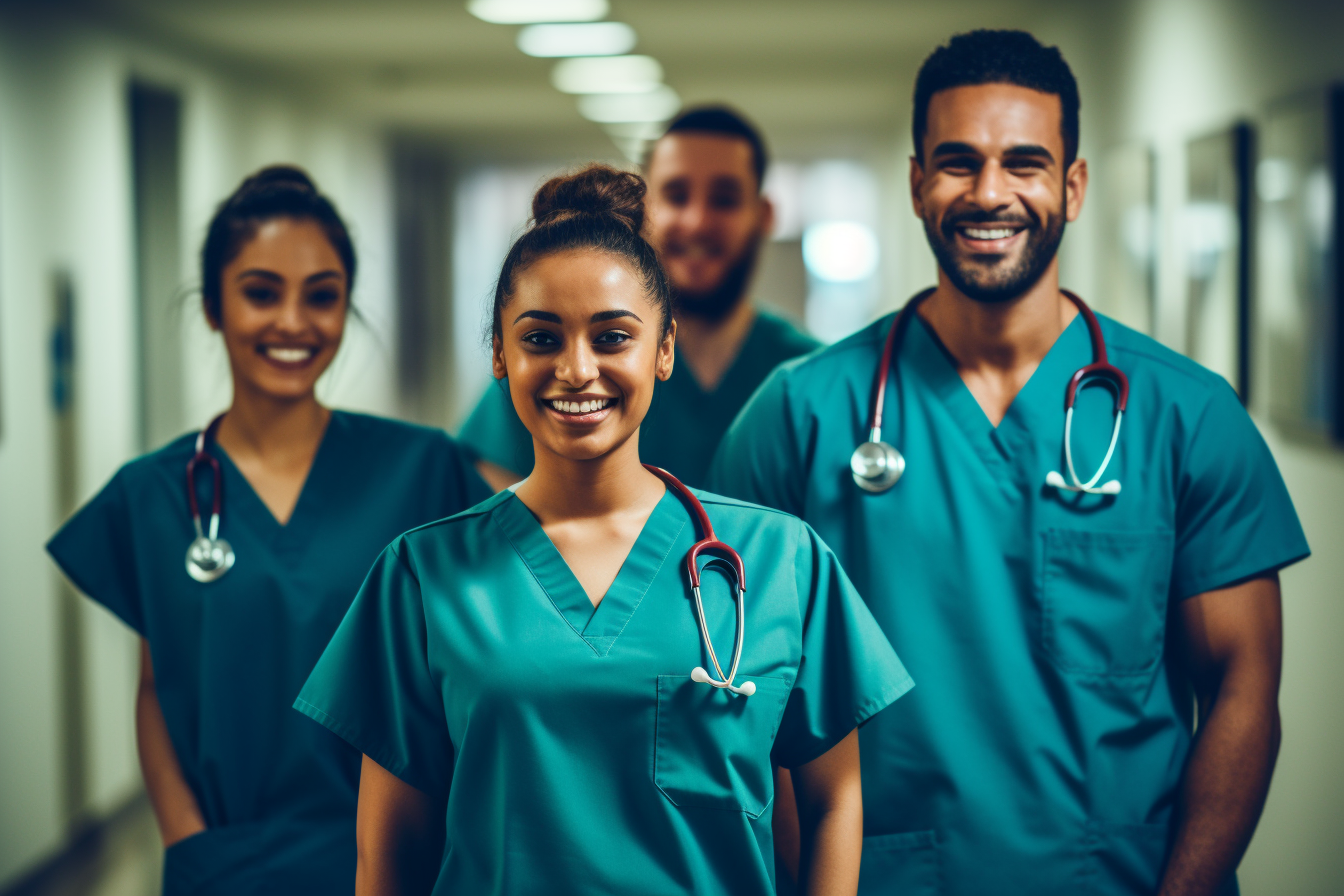 Happy doctors in hospital corridor wearing scrubs