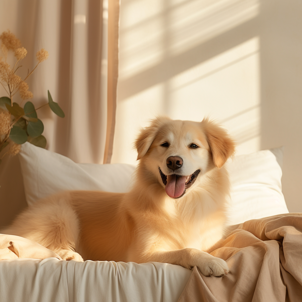 Happy dog on a soft beige bed