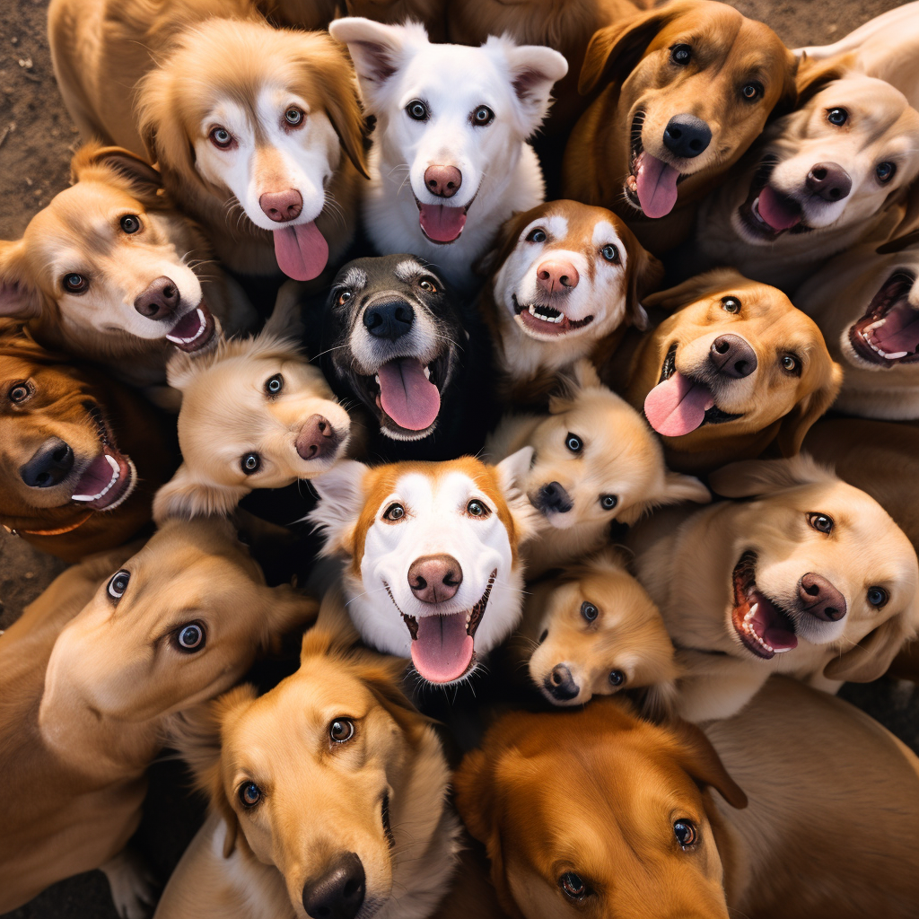 Group of happy dogs in heart-shaped formation