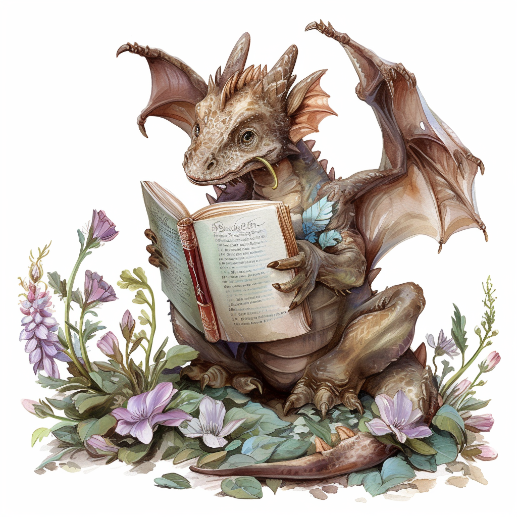 Happy dragon reading book surrounded by spring flowers