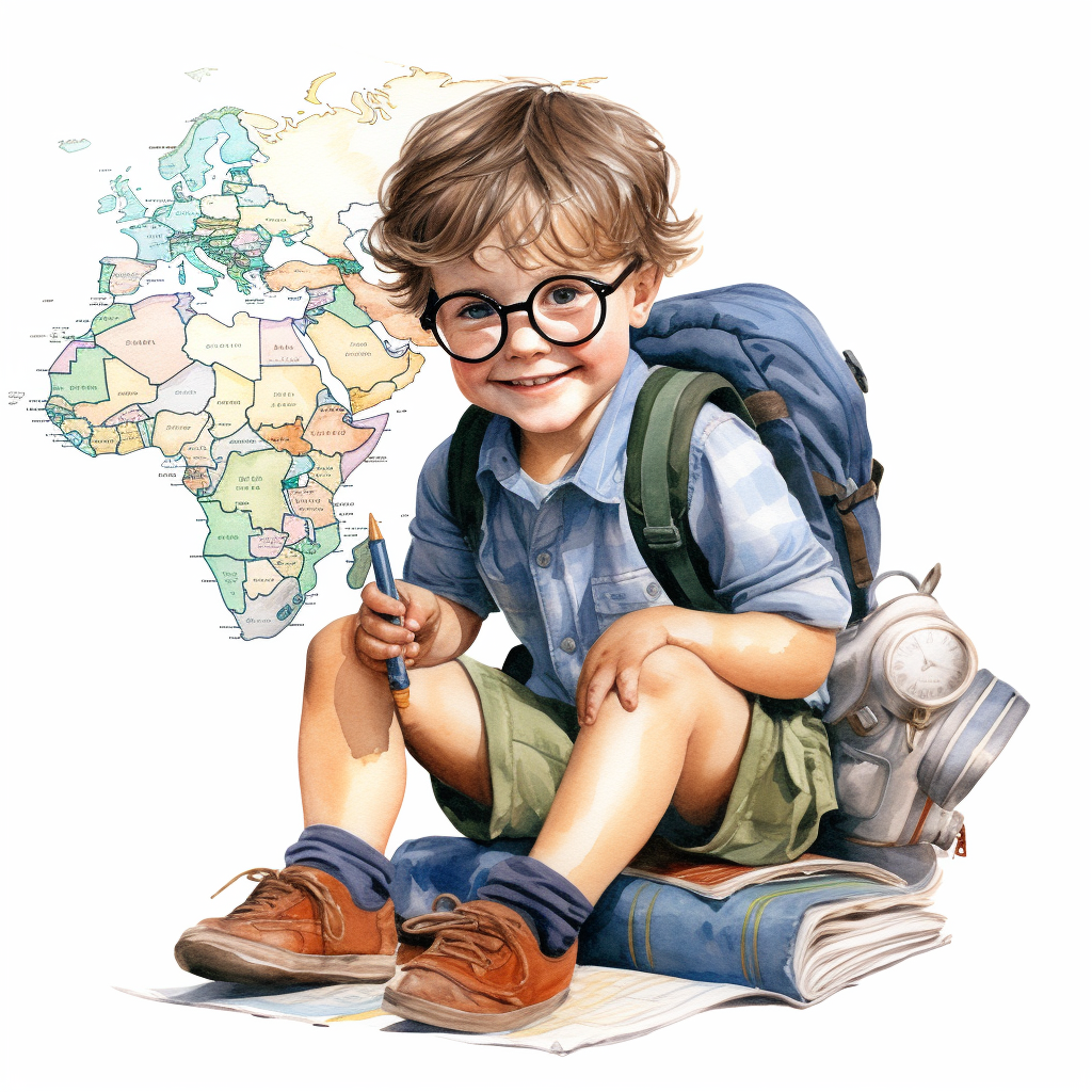 Smiling boy explorer with map and compass