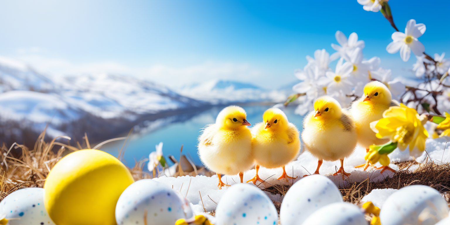 Happy Easter Chicks and Eggs in Snowy Landscape