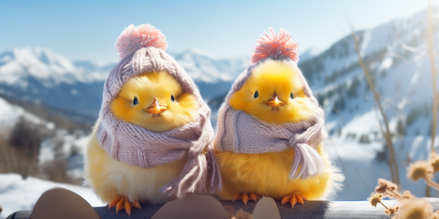 Two Happy Easter Chicks with Woolen Hats, Scarfs, and Mittens