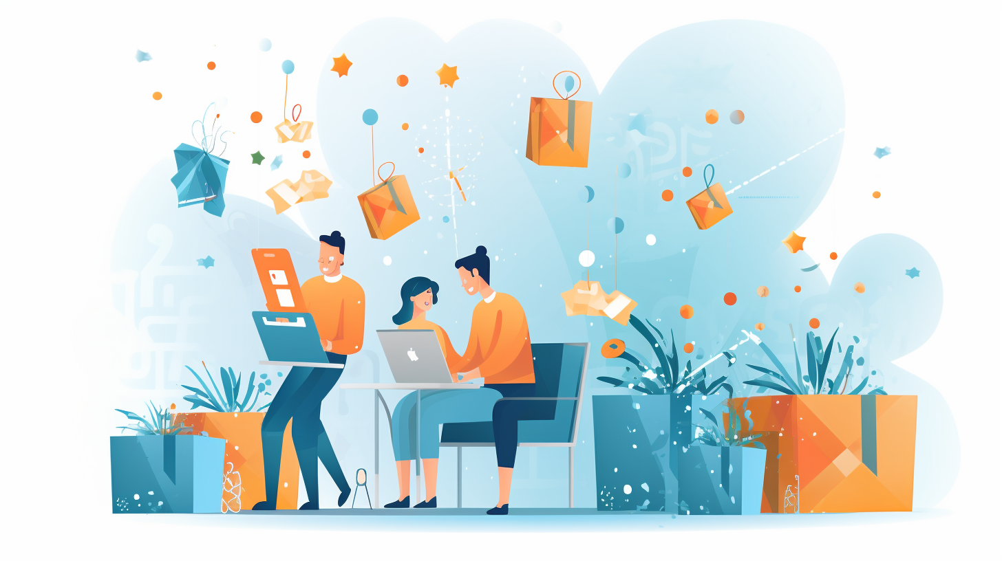 Illustration of happy e-commerce customers shopping online