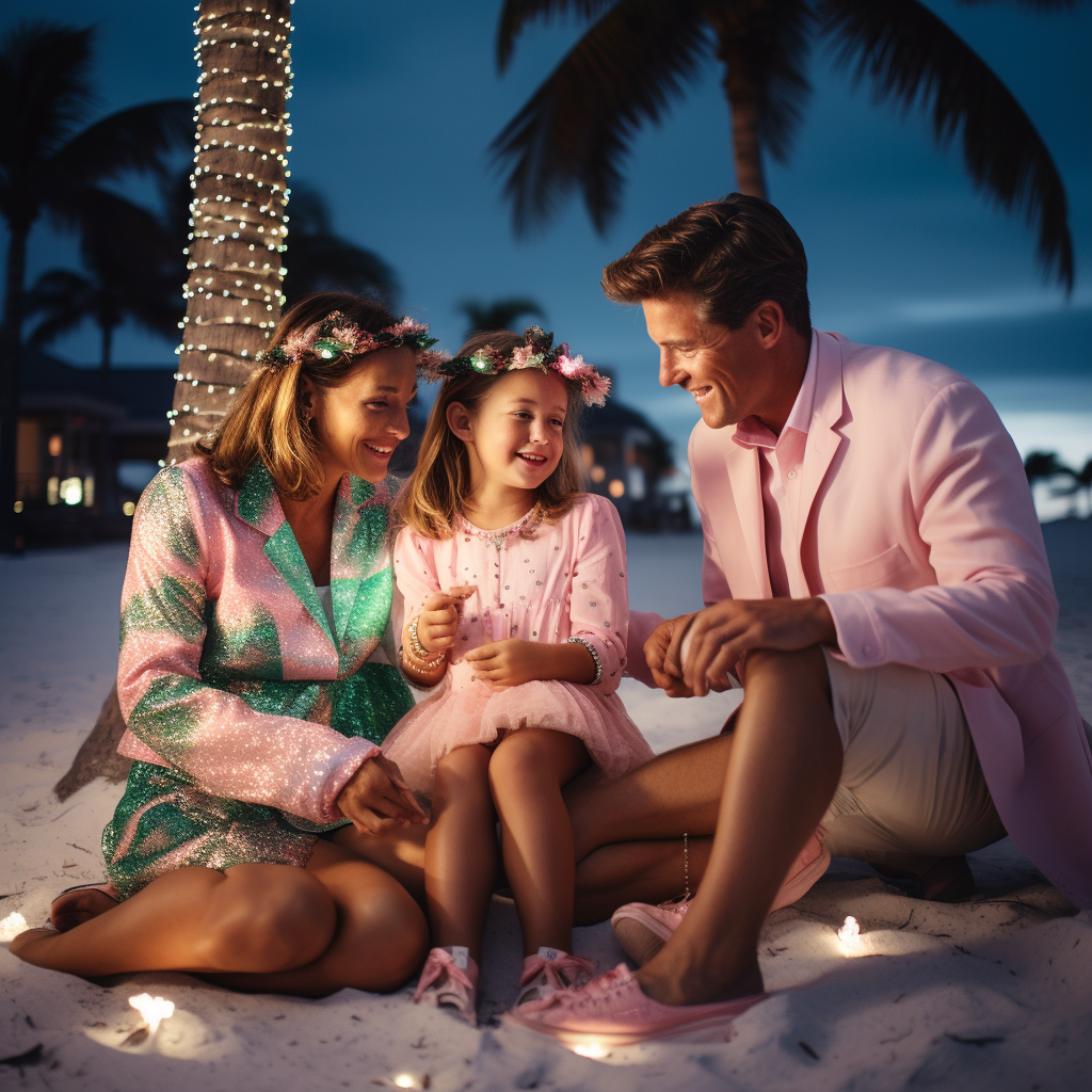 Smiling family at beach tree lighting