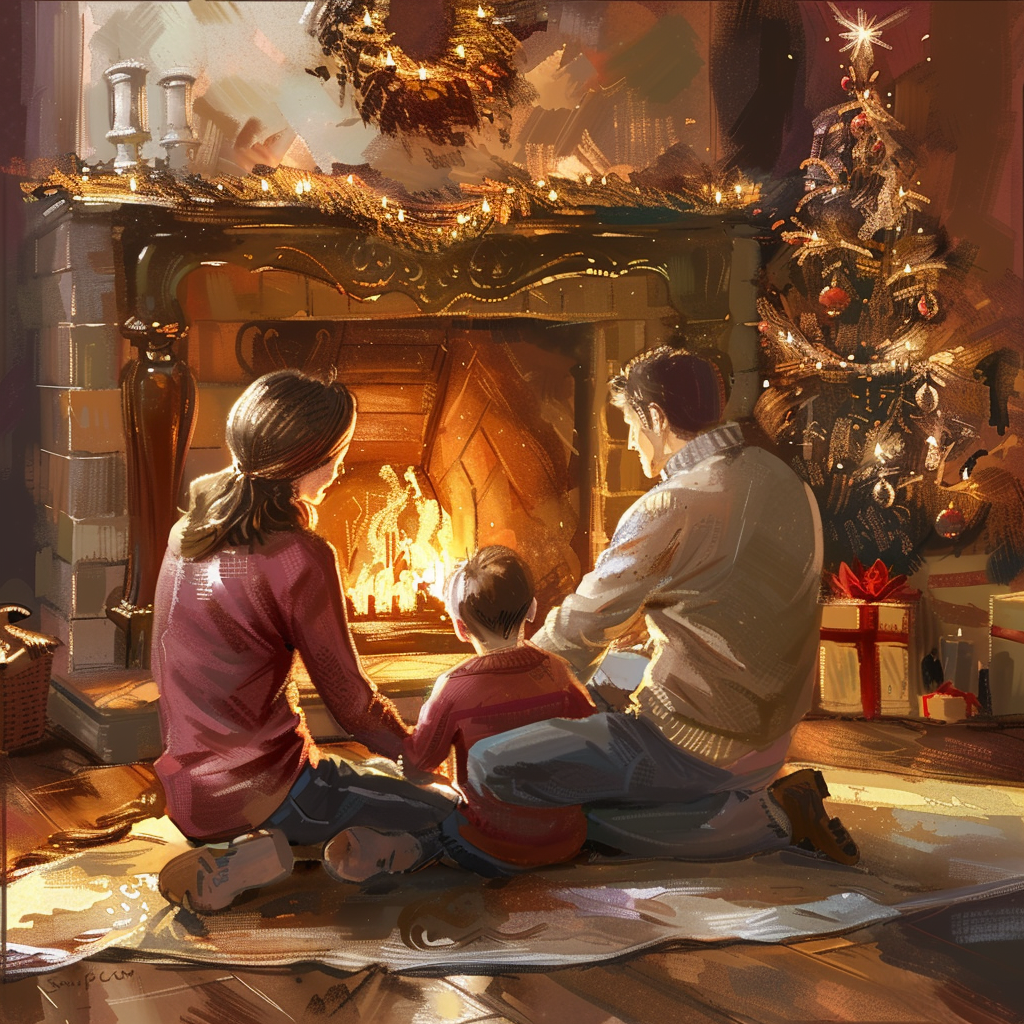 Happy family looking at fireplace