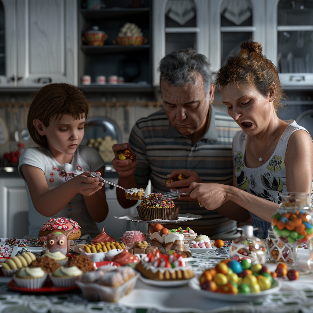 family enjoying sweets in kitchen