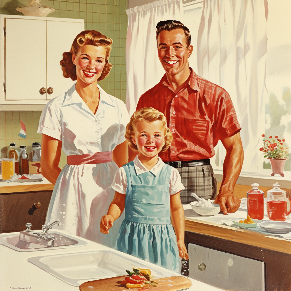 Happy family using paper towels to clean kitchen spill