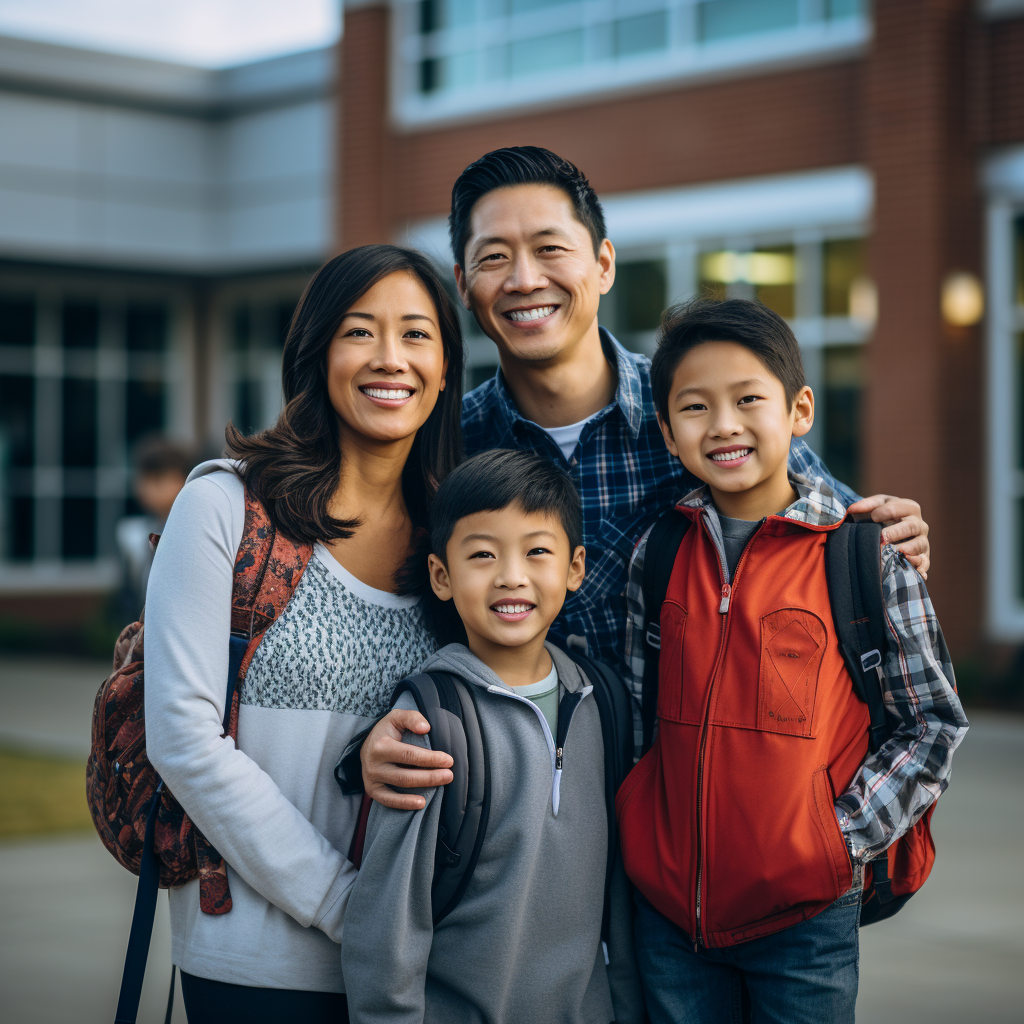 Smiling family in front of school  ?