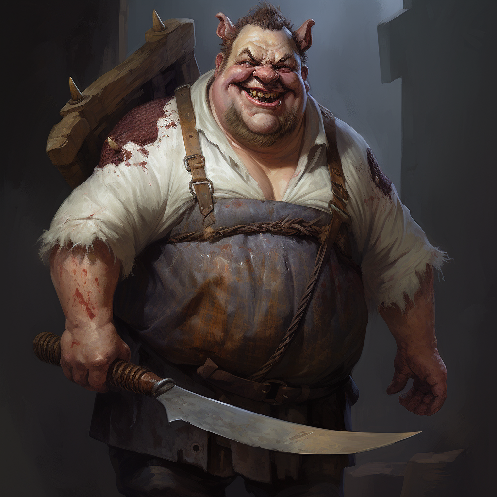 Happy firbolg dressed as butcher holding club