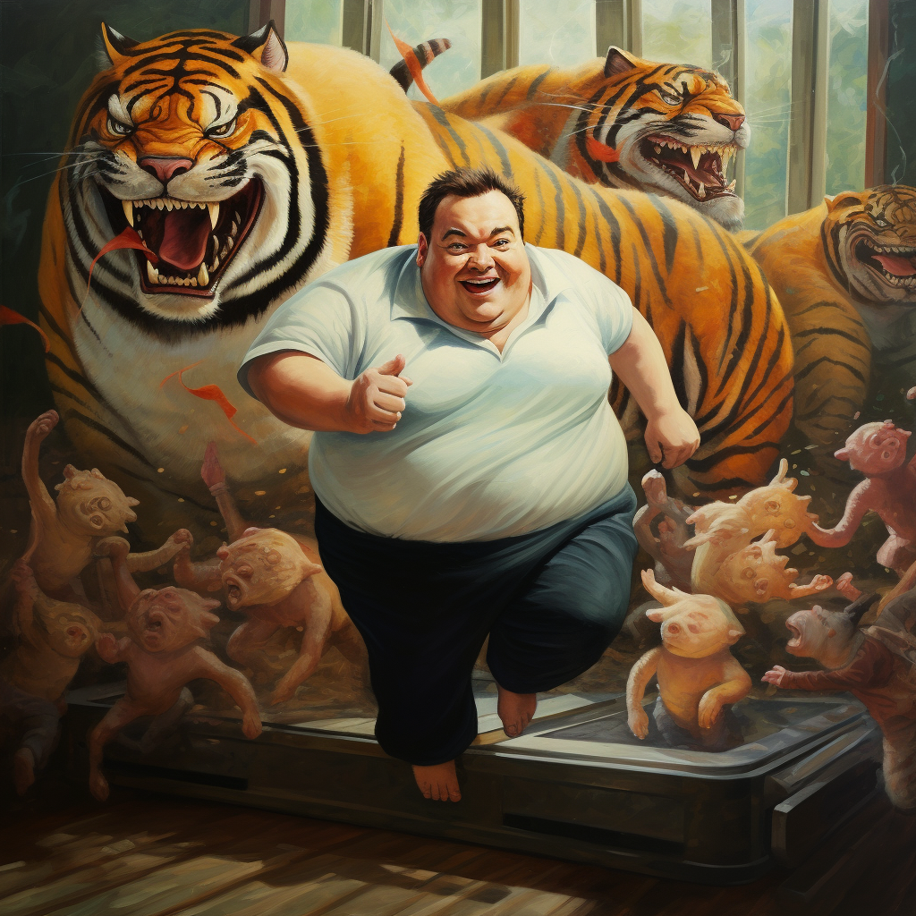 Fat man running from tigers on a treadmill