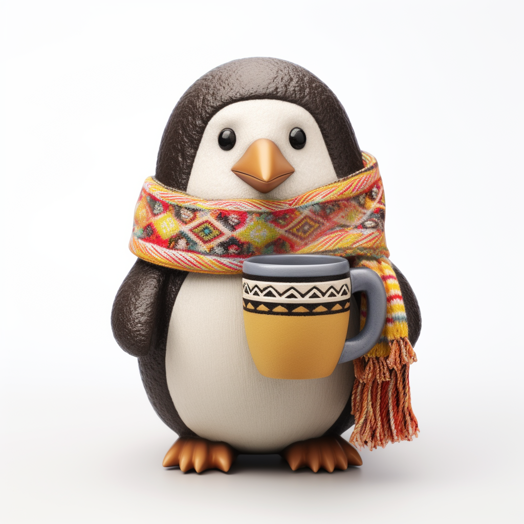 Cute toy penguin with hot chocolate cup