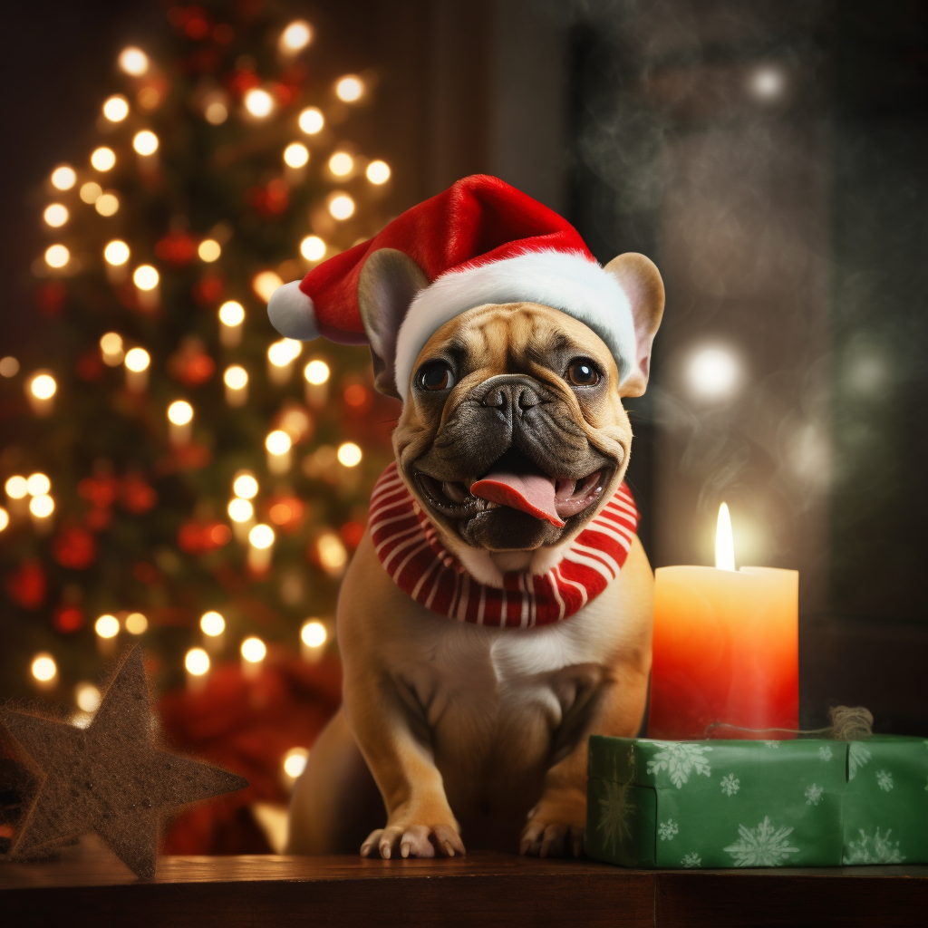 Adorable French Bulldog in Santa Hat by Warm Fireplace