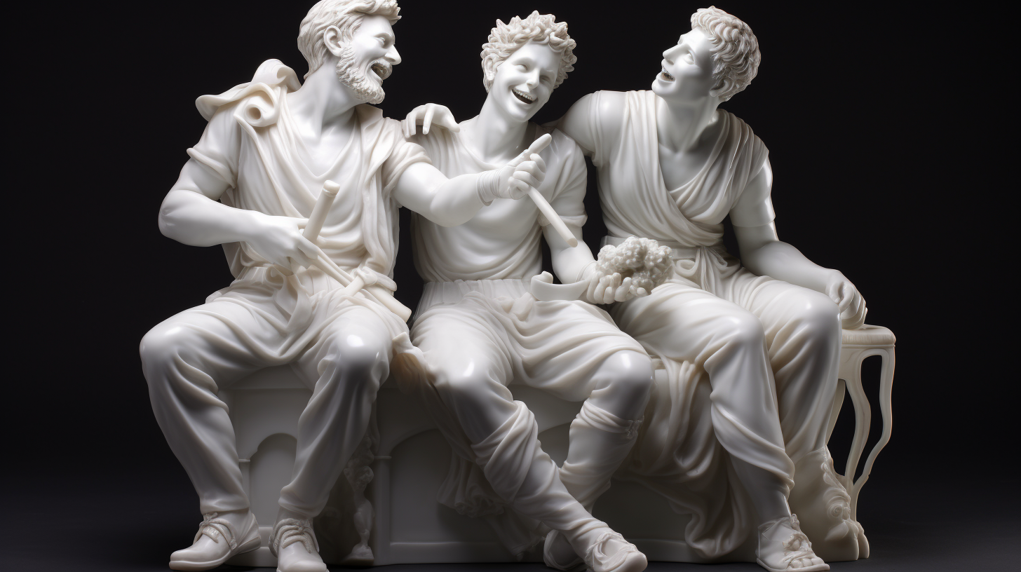 Three happy friends sitting and laughing statues