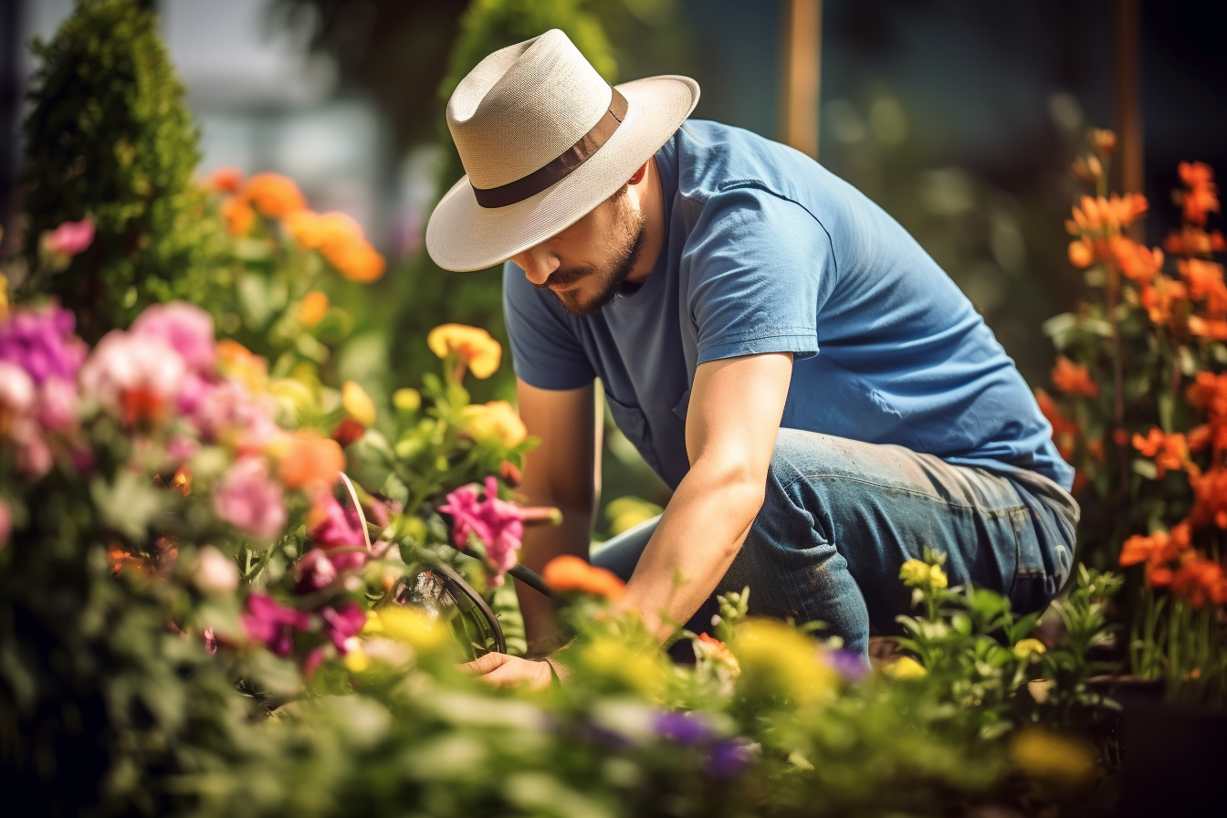 Happy gardener pruning flowers in colorful garden