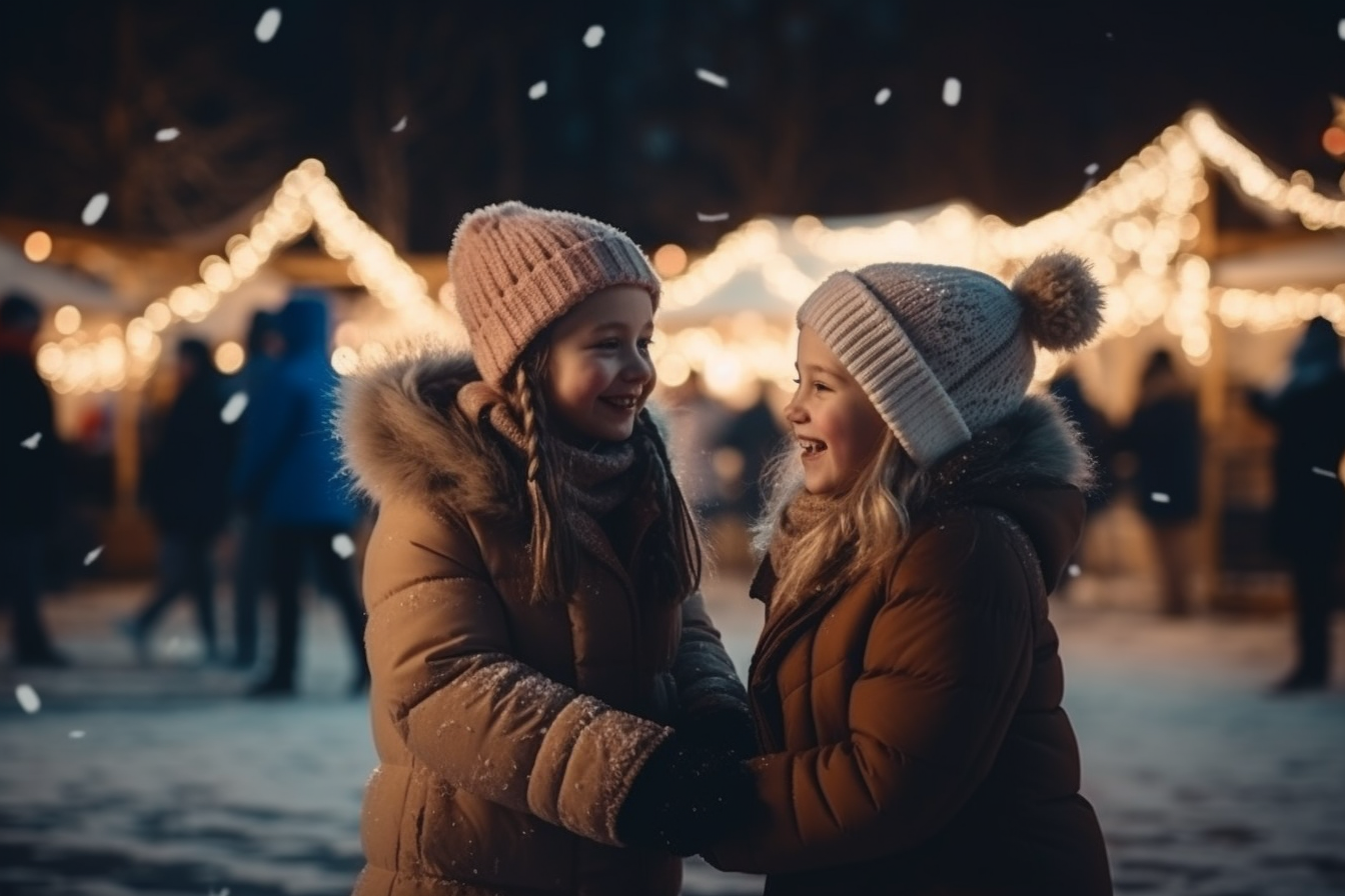 Two happy girls ice skating in winter wonderland