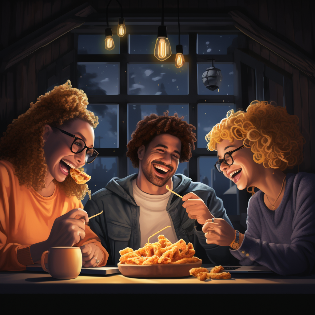 Happy group of friends enjoying Mac and Cheese