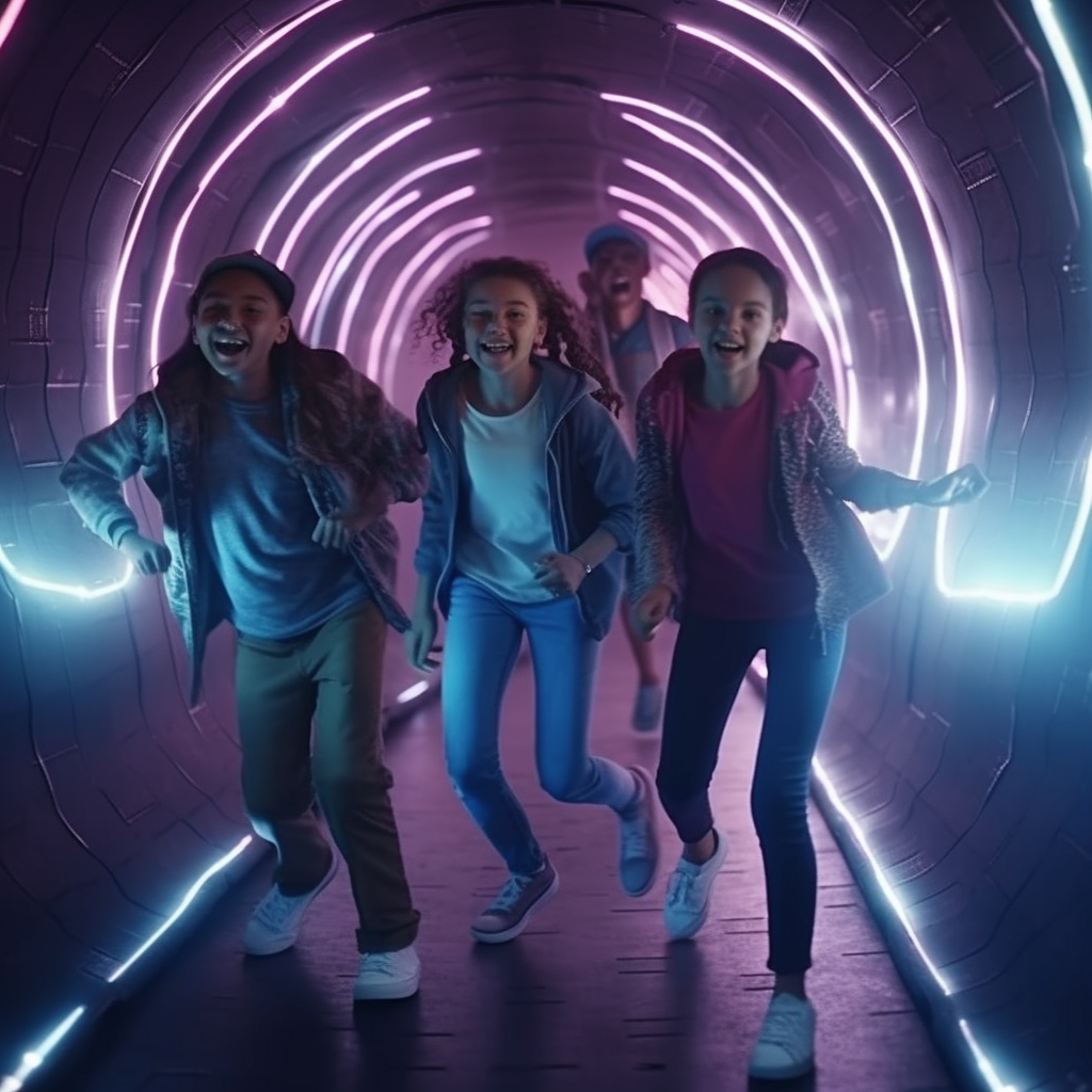 Group of Happy Friends Running in Metaverse Tunnel