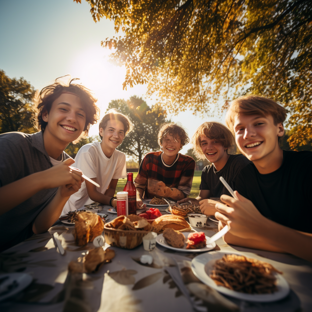 Happy Group of Teenagers Eating Nutritious Food in a Park