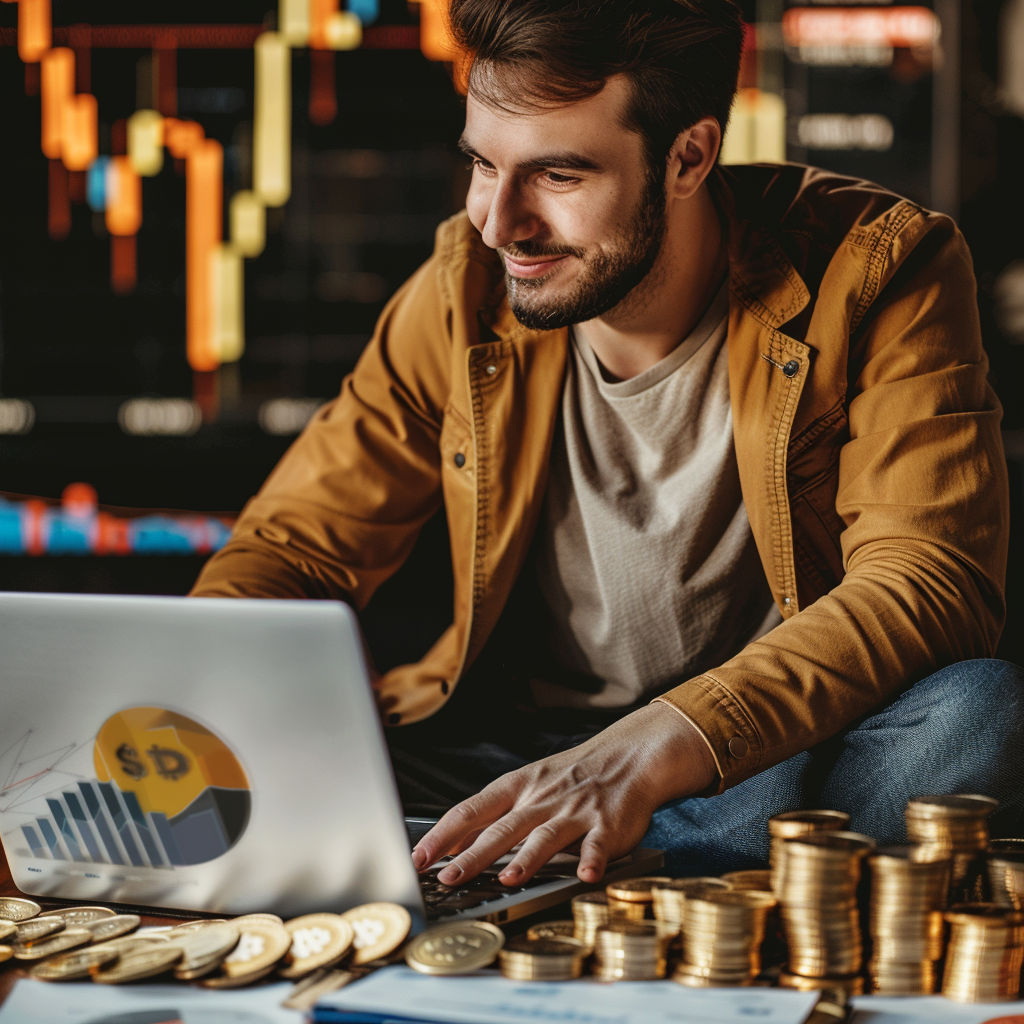 Happy guy trading on laptop