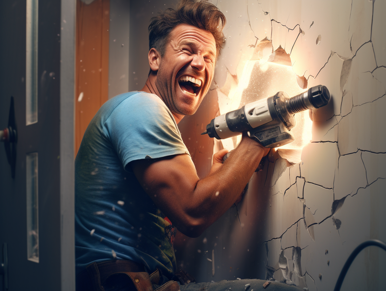 Handyman skillfully drilling bathroom wall